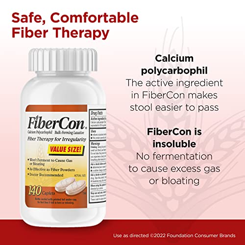 FiberCon Fiber Therapy Coated Caplets, Safe, Simple & Comfortable Insoluble Fiber for Bowel Irregularity, Comfortable Constipation Relief with No Gas or Bloating, 140 Caplets