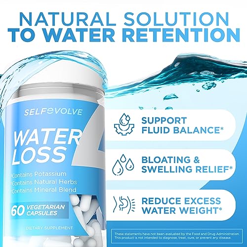 selfevolve Water Loss - Natural Water Pills for Reducing Water Retention & Bloating Relief with Dandelion Extract, Potassium & 7 Natural Ingredients - 60 Veggie Capsules