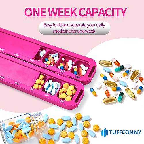 Tuffconny Weekly Pill Organizer - Travel Medicine Organizer, Pill Boxes and Organizer 2 Times a Day, 7 Day Pretty Pill Case, Pill Holder for Vitamins, Medicines and Tablets (Viva Magenta)