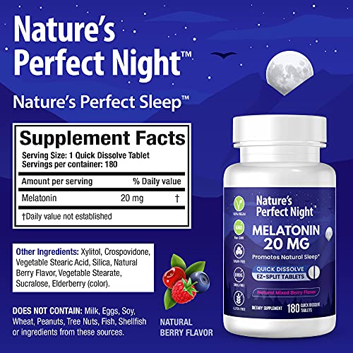 Nature's Perfect Night | Melatonin 20mg | 180 Quick Dissolve Tablets, 2-Pack | Natural Mixed Berry Flavor |High Potency | Sugar Free | Vegan | Gluten Free