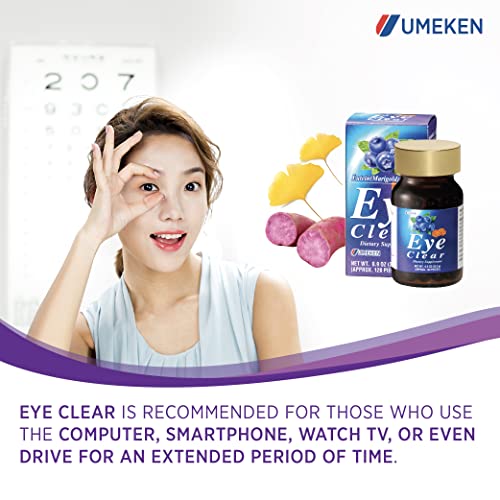 Umeken Eye Clear Dietary Supplement - Supports Eye Health, Blueberry Extract with Lutein (Marigold), Vitamins A, C, and E, 1 Bottle, 120 Tablets