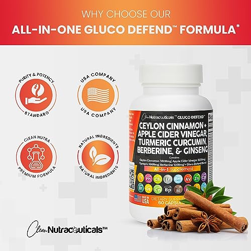 Clean Nutraceuticals Ceylon Cinnamon 3000mg Turmeric 3000mg Apple Cider Vinegar 3000mg Ginseng 2000mg Berberine 1200mg Plus Bitter Melon Gymnema Milk Thistle Fenugreek