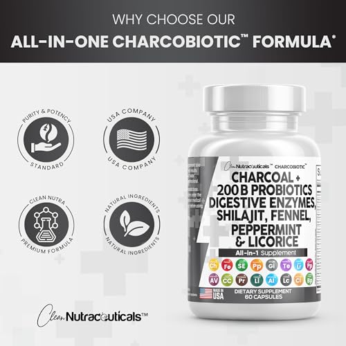 Clean Nutra Activated Charcoal Capsules 1000mg Shilajit 5000mg Pills Probiotic 200 Billion + Digestive Enzymes for Digestive Health with Peppermint Fennel Licorice Papain Ginger Turmeric | Gut Health