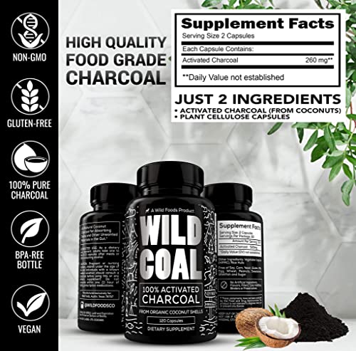 Wild Foods Activated Charcoal Capsules | 100% Organic Coconut Shells Active Tablets for Bloating & Hangover | Lab Tested & Non-GMO Detox Pills | Made in USA (120 Capsules)