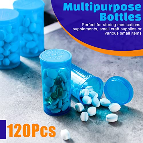 Rtteri 120Pcs Empty Pill Bottles with Caps 19Dram Blue Plastic Medicine Bottles Container Prescription Medication Vials Clear Containers Safety Cover Pill Cases Organizer Pharmacy