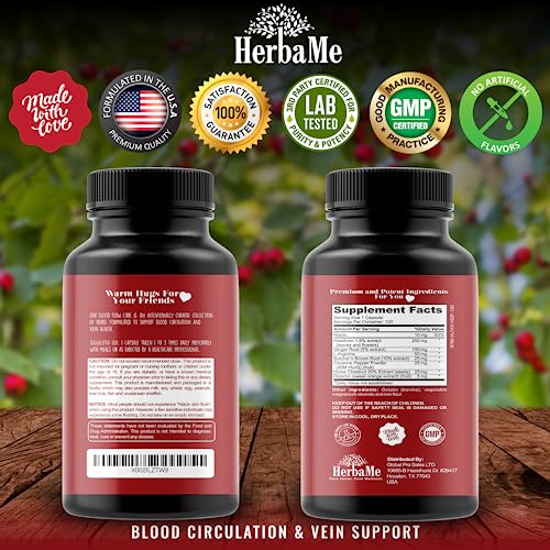 HerbaMe Blood Circulation Supplement, 120 Capsules, Supports Leg Vein, Heart, Vessels and Cardiovascular Health with Niacin, L-Arginine, Ginger, Cayenne Pepper, Hawthorn, Diosmin, Blood Flow Pills