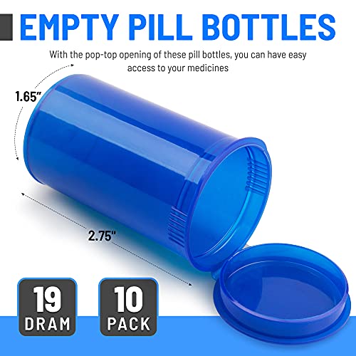 Top Class Ventures Empty Pill Bottles with Caps - 19 Dram Pop Top Pill Bottles - Medicine Container for Prescription - 10 Pack - Multi Use for Crafts, Candy, Supplements, and More