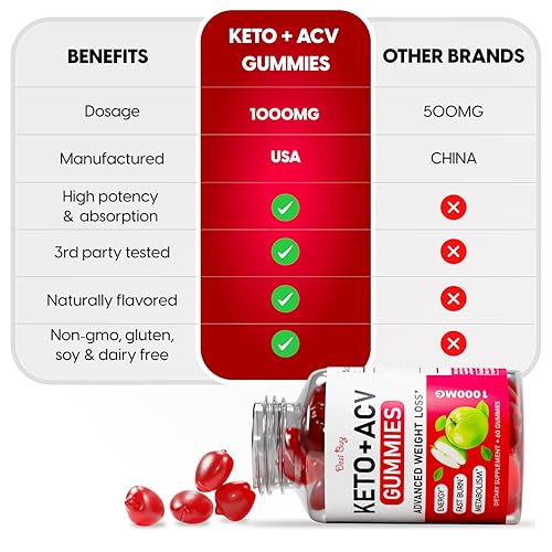 Keto ACV Gummies Advanced Weight Loss, Boost Metabolism with Apple Cider Keto Supplements, Gluten-Free, Apple Flavor Formula for Men & Women, Made in USA Keto+ACV, 1000 mg 60 Count