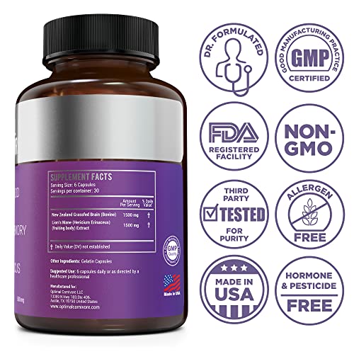 Optimal Carnivore Lions Mane Mushroom Supplement & Beef Brain, Powerful Nootropics Brain Support Supplement, Brain Supplements for Memory and Focus, 180 Capsules