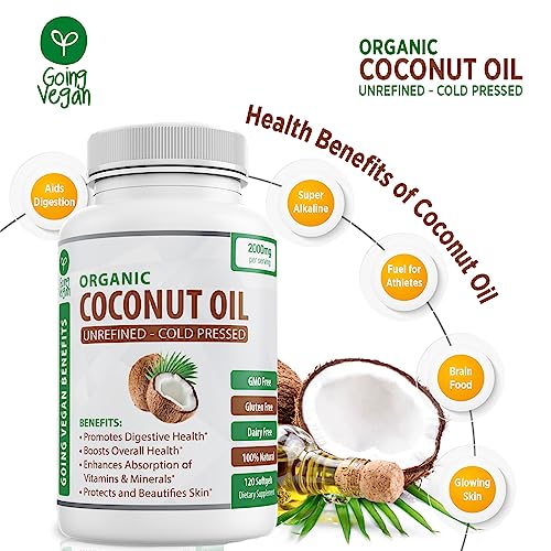 Organic Coconut Oil Capsules 2000mg - 100% Extra Virgin, Cold Pressed for Healthy Skin, Extra Hair Growth, Nail Care, Brain Booster - 120 Softgels - Unrefined Pure & Non GMO Pills - Rich in MCT