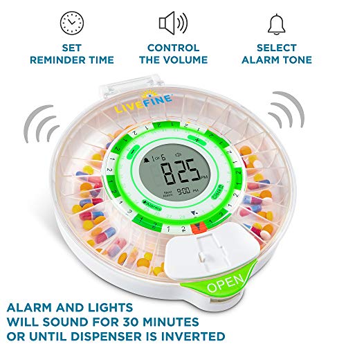 LiveFine 28-Day Automatic Pill Dispenser with Upgraded LCD Display, Key Lock, Sound & Light for Prescriptions, Medication, Vitamins, Supplements & More