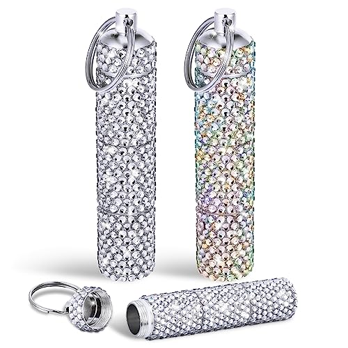 2 Pcs Bling Rhinestone Portable Pill Case with Keychain Small Fancy Pill Container Glitter Waterproof Pill Holder Keychain for Women Aluminum Pill Bottle Reusable for Outdoor (AB Color, White,3 Inch)