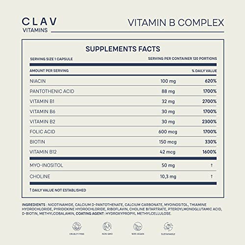 CLAV Vitamin B Complex - 120 Capsules - All 8 B Vitamins with Co-Factors Myo-Inositol & Choline - Supports Energy Metabolism - Vegan - Made in Germany