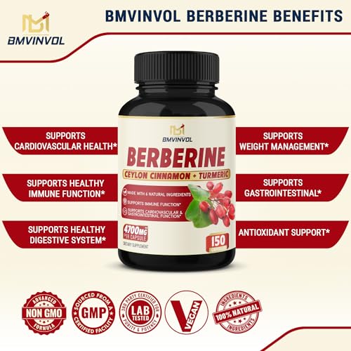 Berberine Supplement Equivalent to 4700mg - 5 Months Supply - High Potency with Ceylon Cinnamon - Supports Immune System, Cardiovascular & Gastrointestinal Function - Berberine HCl Supplement Pills