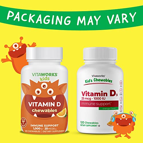 VitaWorks Kids Vitamin D 1000 IU Chewable Tablets - Tasty Natural Orange Flavor - Vegan, GMO-Free, Gluten Free, Nut Free Vitamins - Dietary Supplement for Immune Support - for Children - 120 Chewables