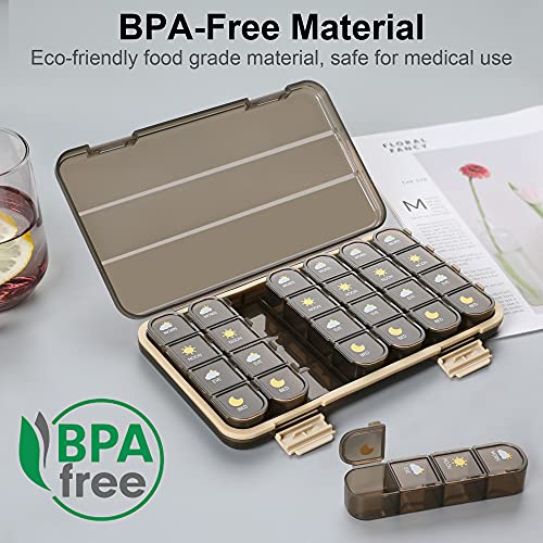 Pill Organizer 4 Times A Day, 7 Day Pill Box 4 Times A Day - Acedada Weekly Medicine Box Organizer with Separate Case, Portable Daily Pill Container Dispenser for Vitamin Fish Oils Supplements, Brown