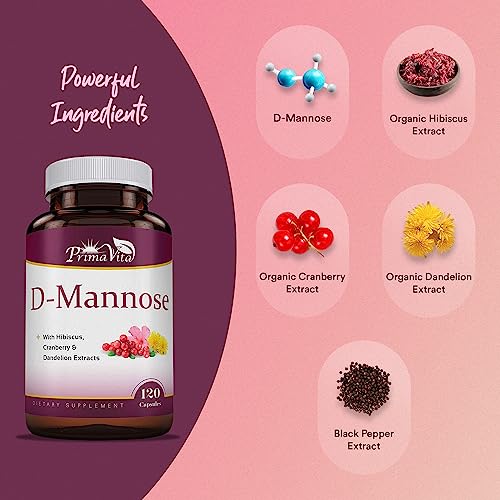 PrimaVita D-Mannose Supplement 800mg, D-Mannose Capsule with Cranberry, Dandelion Extract and Vitamin C, Support Overall Immunity, 120 Vegan Capsule