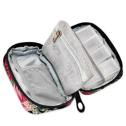 Exotic Hawaiian Tropical Hibiscus Travel Pill Organizer Case Weekly Portable Pill Bag Container 7 Days Pill Box Organizer for Vitamins Medication Fish Oil Supplements