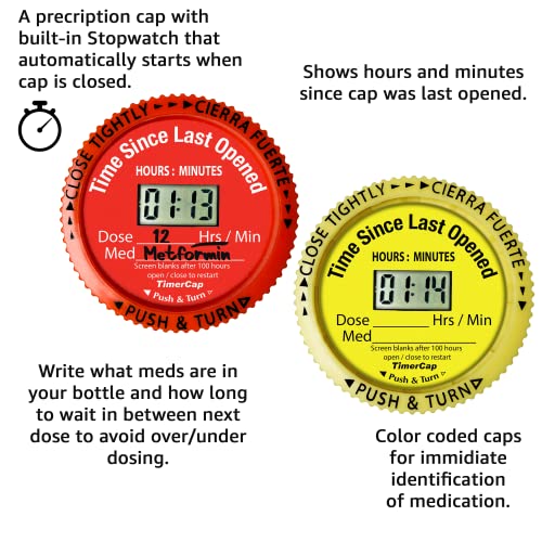 TimerCap Automatically Displays Time Since Last Opened - Built-in Stopwatch Smart Pill Bottle Cap Medication Reminder Case (Qty 2-4.0 oz Amber Bottles) CRC