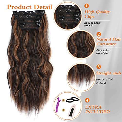 Clip in Hair Extensions 2O Inch Long Wavy Curly Hair Extensions for Thin Hair 4PCS Full Head Synthetic Hair Extension Clips(Black Brown with Highlights)