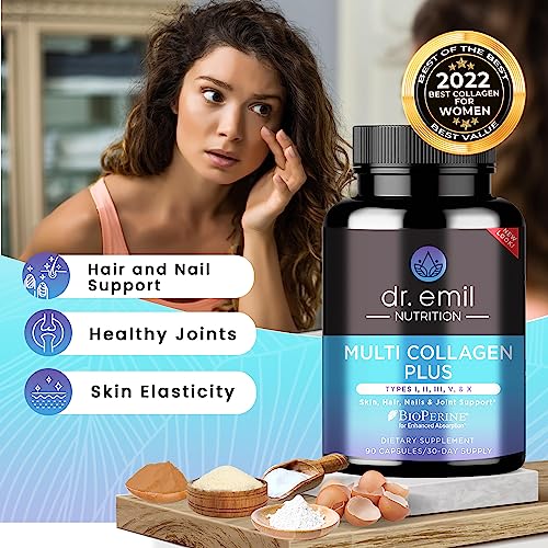 DR EMIL NUTRITION Multi Collagen Pills - Collagen Supplements to Support Hair, Skin, Nails, & Joints - Hydrolyzed Collagen Supplements for Women with Types I, II, III, V & X - 90 Capsules