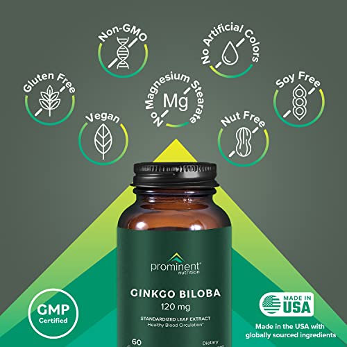 Prominent Nutrition Ginkgo Biloba 120mg - Herbal Supplements for Focus - Ginkgo Biloba Leaf Extract, Memory Aid Supplements - Vegan, Non-GMO, Gluten-Free, Soy-Free, 60 Vegetarian Capsules