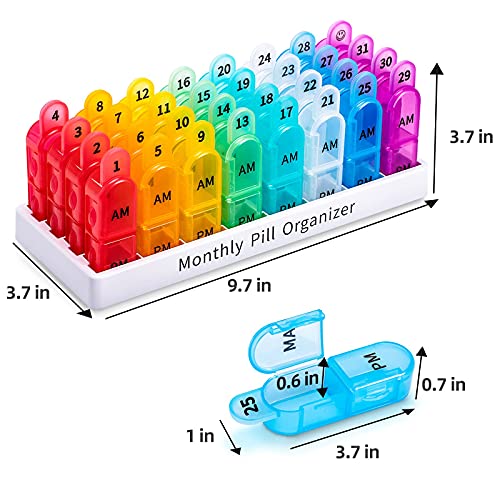 Pill Organizer Monthly 2 Times a Day, 30 Day Pill Organizer AM PM, One Month Pill Box Organizer with Unique Handle Design, 31 Day Travel Midicine Pill Cases Hold to Vitamin, Supplements & Medications