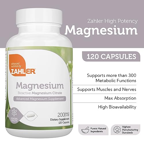 Zahler - Magnesium Supplement Capsules 200 mg (120 Count) Certified Kosher Bioactive Magnesium Citrate for Max Absorption - Natural Magnesium Mineral for Men & Women - Best Magnesium Supplements