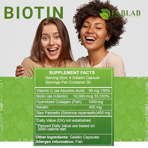 FabLab Biotin Vitamins with Collagen, Keratin & Saw Palmetto for Women and Men - Biotin 10000 mcg Hair Skin Nails Supplement for Hair, Skin, and Nails Wellness - Made in USA, 120 Capsules