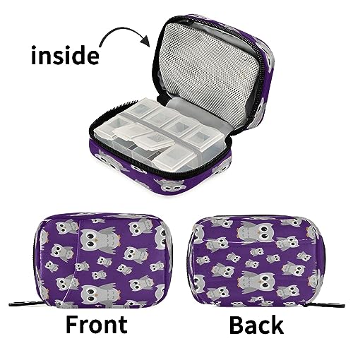 Takiito Purple Cartoon Owl Travel Pill Organizer Bag, Weekly Daily Pill Case Bag Portable Pill Box for Vitamin Supplement Medicine