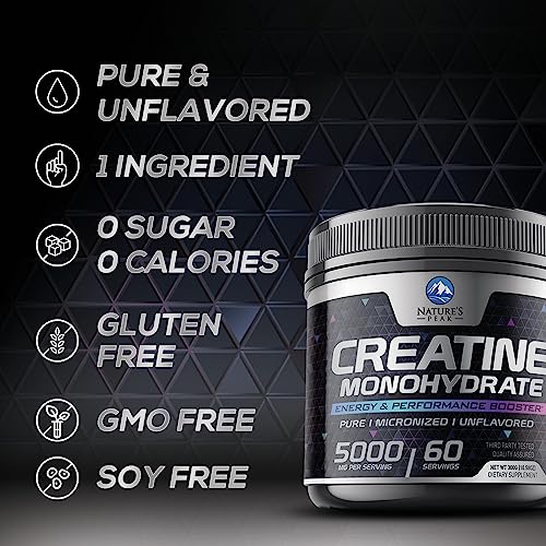 Pure Creatine 5000mg (5g) - Micronized Creatine Monohydrate Powder Unflavored, Keto Friendly - Creatine Pre Workout, Supports Muscle Building & Strength, Vegan, Keto, Gluten-Free - 60 Servings