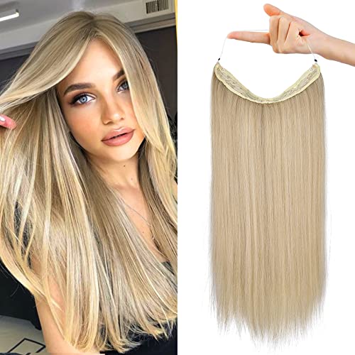 REECHO Invisible Wire Hair Extensions with Transparent Headband Adjustable Size Removable Secure Clips in Straight Secret Hairpiece for Women (16 Inch (Pack of 1), Medium Blonde with Pale Highlights)