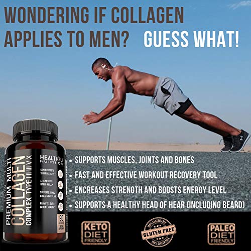 Premium Multi Collagen Peptides Pills - Hydrolyzed Collagen Capsules for Men and Women Types 1 2 3 5 10 - Radiant Skin Strong Hair and Nails - Healthy Bones Strong Joints and Muscles - 90 Capsules