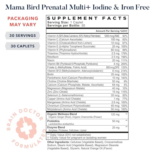 Best Nest Wellness Mama Bird Prenatal Vitamin Iron Free, No Iron or Iodine, Methylfolate (Folic Acid for Pregnant Women), Natural Organic Herbal Blend, Vegan, Once Daily (30 Count)