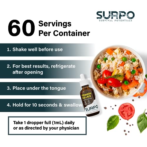 SURPO Vitamin D3 + K2 Liquid Drops with Omega 3 Oil - 5000 IU Vitamin D Drops K2 for Hormone Support & Bone Health - Liquid Vitamin D3 with K2 Drops for Maximum Absorption - 2Fl Oz Vitamin K2 D3