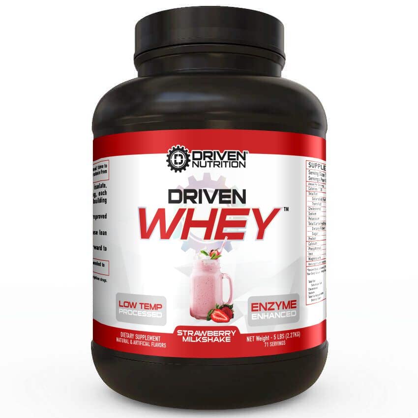 Driven WHEY- Grass Fed Whey Protein Powder: Delicious, Clean Protein Shake- Improve Muscle Recovery with 23 Grams of Protein with Added BCAA and Digestive Enzymes (Strawberry Milkshake, 5lb)