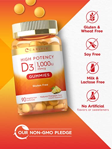 Carlyle Vitamin D3 1000iu Gummies | 90 Count | Vegetarian, Non-GMO, and Gluten Free Vitamin D Supplement | Natural Pineapple Flavor