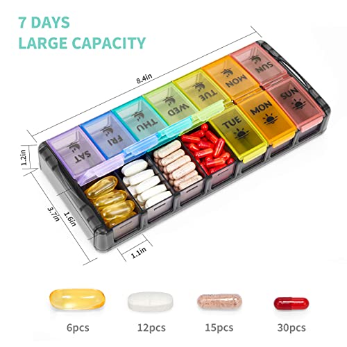 Weekly Pill Organizer 2 Times a Day Large 7 Day Easy Fill 2020 Latest Version NuLeaf AM PM Pill Box Large Daily Pill Cases Medicine Box - Rainbow Black (Patent Registered)