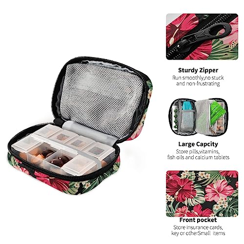 Exotic Hawaiian Tropical Hibiscus Travel Pill Organizer Case Weekly Portable Pill Bag Container 7 Days Pill Box Organizer for Vitamins Medication Fish Oil Supplements