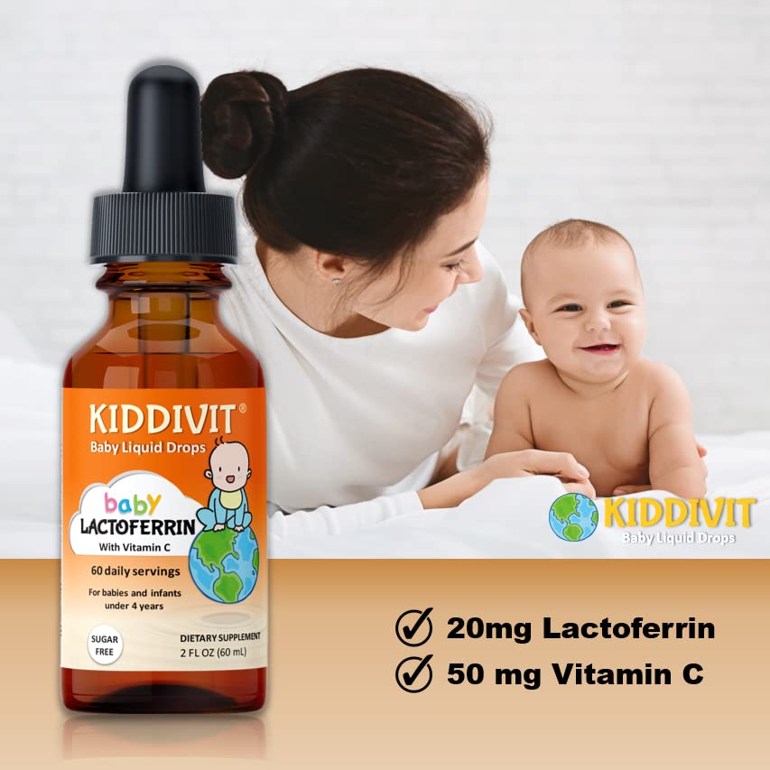 Kiddivit Baby Lactoferrin Liquid Drops - 60 Daily Servings, 2 Fl Oz (60 mL) - Inulin Fortified (Prebiotic, Dietary Fiber) - Sugar Free, Gluten Free, Vegetarian Friendly