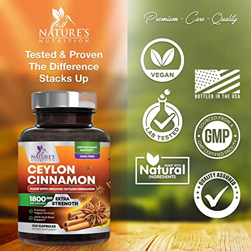 Pure Cinnamon Capsules, Certified Organic Ceylon Cinnamon Pills, Non-GMO, Gluten-Free, Dairy-Free, Sri Lanka Cinnamon Powder Supplement, Best Vegan True Cinnamomum Vitamins, Sugar Free - 240 Capsules