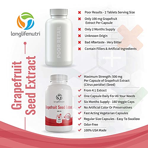 Grapefruit Seed Extract 500mg 180 Vegetarian Capsules | Made in USA | GSE Potent Immune Vitamin & Overall Health Supplement | Non GMO Gluten Free Pill