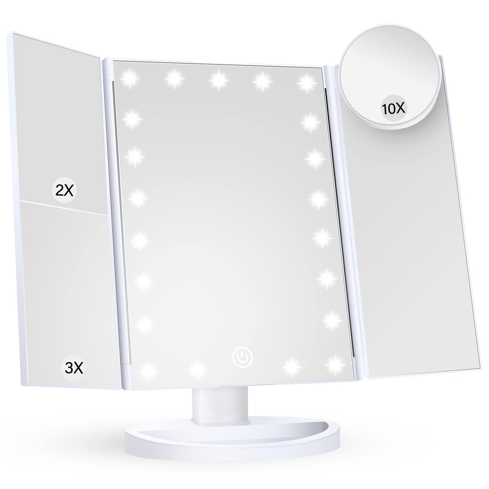 HUONUL Makeup Mirror Vanity Mirror with Lights, 2X 3X 10X Magnification, Lighted Makeup Mirror, Touch Control, Trifold Makeup Mirror, Dual Power Supply, Portable LED Makeup Mirror, Women Gift (White)