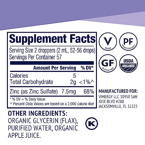 Vimergy Organic Liquid Zinc, 57 Servings – Alcohol Free Zinc Sulfate – Supports Immune Health & Metabolism – Antioxidant – Gluten-Free, Non-GMO, Kosher, Vegan & Paleo Friendly (115 ml)