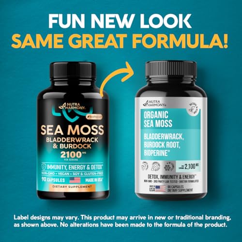 USDA Organic Sea Moss - Irish Raw Seamoss - Made in USA - Immunity, Energy & Detox Support - Bladderwrack & Burdock Root - As Pills, Powder, Gummies, Liquid Drops - 2100 mg, 90 Vegan Capsules