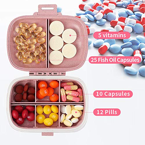 Travel Pill Organizer, Portable 8 Compartments Small Pill Case Daily Pill Box to Hold Vitamins, Cod Liver Oil, Medicine for Pocket Purse (Pink)