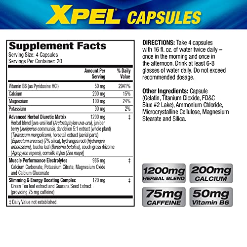 MHP Xpel Maximum Strength Diuretic Water Pills, for Water Retention Relief, Weight loss Support, with Vitamin B-6 Potassium Dandelion Root, 80 Capsules