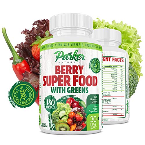 Parker Naturals Berry Green Superfood Capsules 180 ct. with Organic Greens & Fruits, Enzymes, Probiotics, Antioxidants, Vitamins, Minerals - Alkalize & Detox - Non GMO, Vegan & Gluten Free