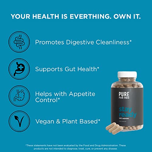 Pure for Men Stay Ready Fiber Supplement, 240 Vegan Capsules | Supports Daily Digestive Cleanliness and Regularity | Psyllium Husk, Aloe Vera, Chia Seeds, Flaxseeds | Proprietary Formula