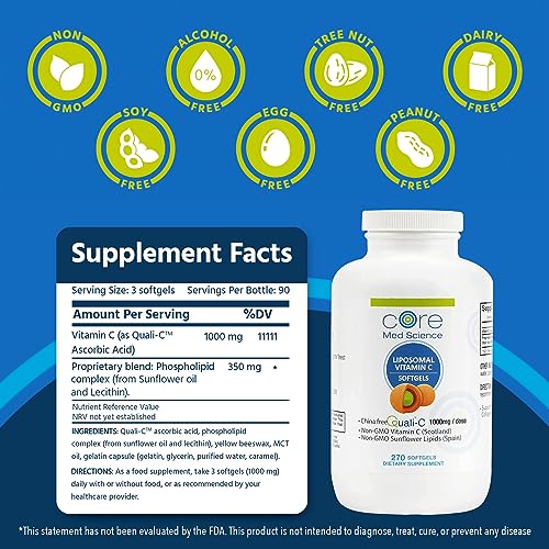 Liposomal Vitamin C 1000mg by Core Med Science, 270 Softgels - Non-GMO Natural Liposomal Vitamin C Supplement That Promotes Healthy Skin - Immune System Booster for Adults, Supports Collagen Formation